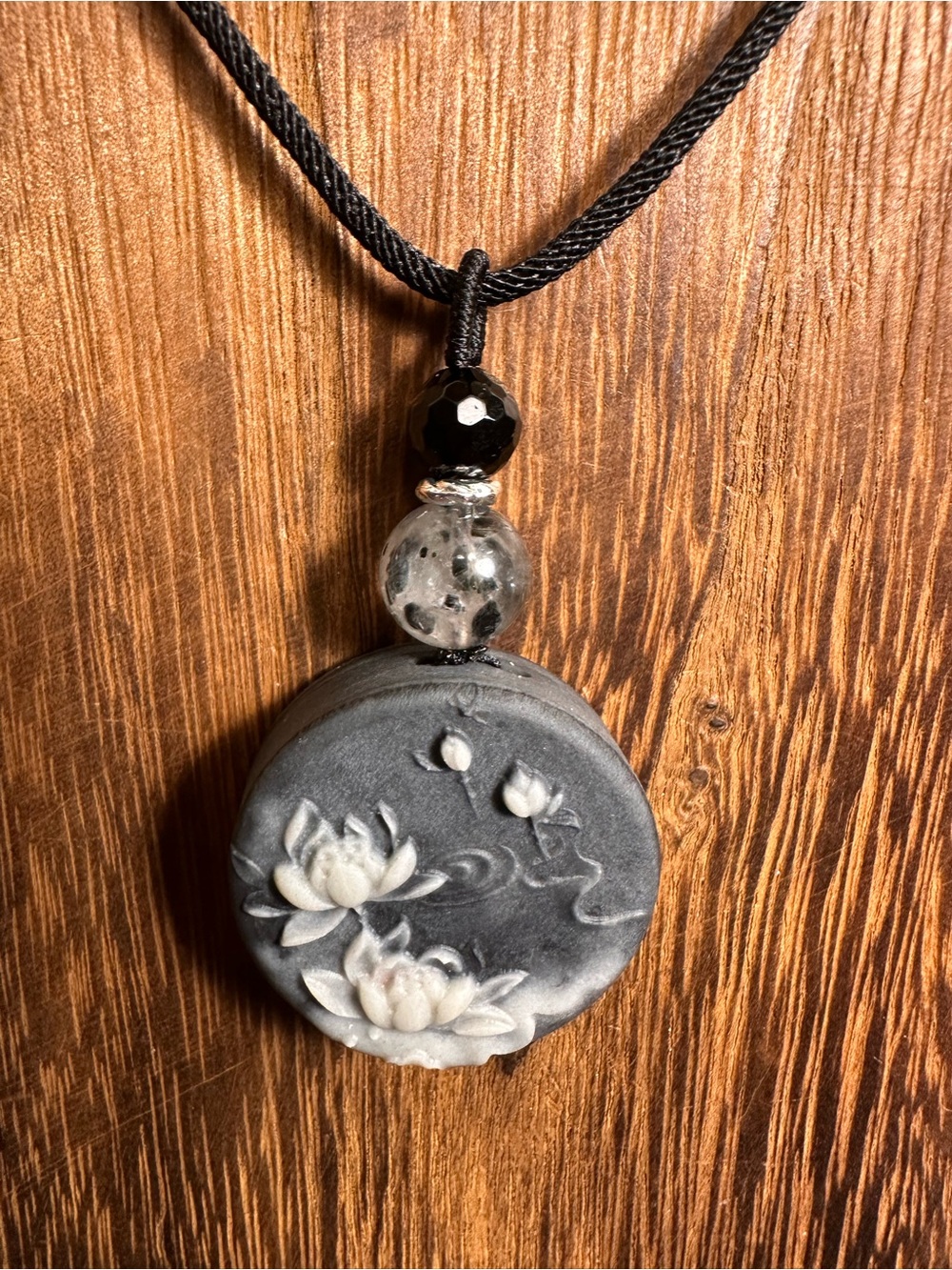 Tai Chi Stone Lotuses Carving Pendant Necklace on Black Rope